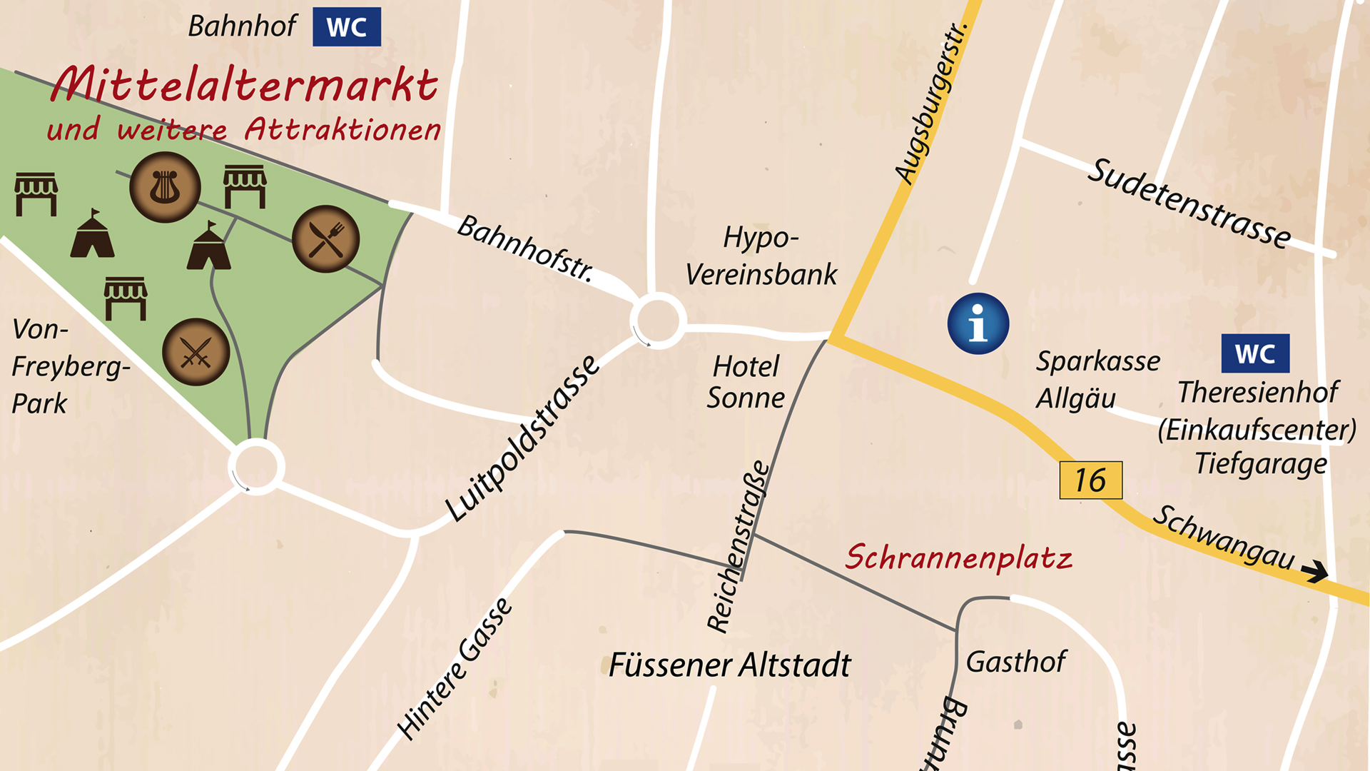 Übersichtsplan Mittelaltermarkt Füssen im Von-Freyberg-Park nahe Bahnhof und Altstadt